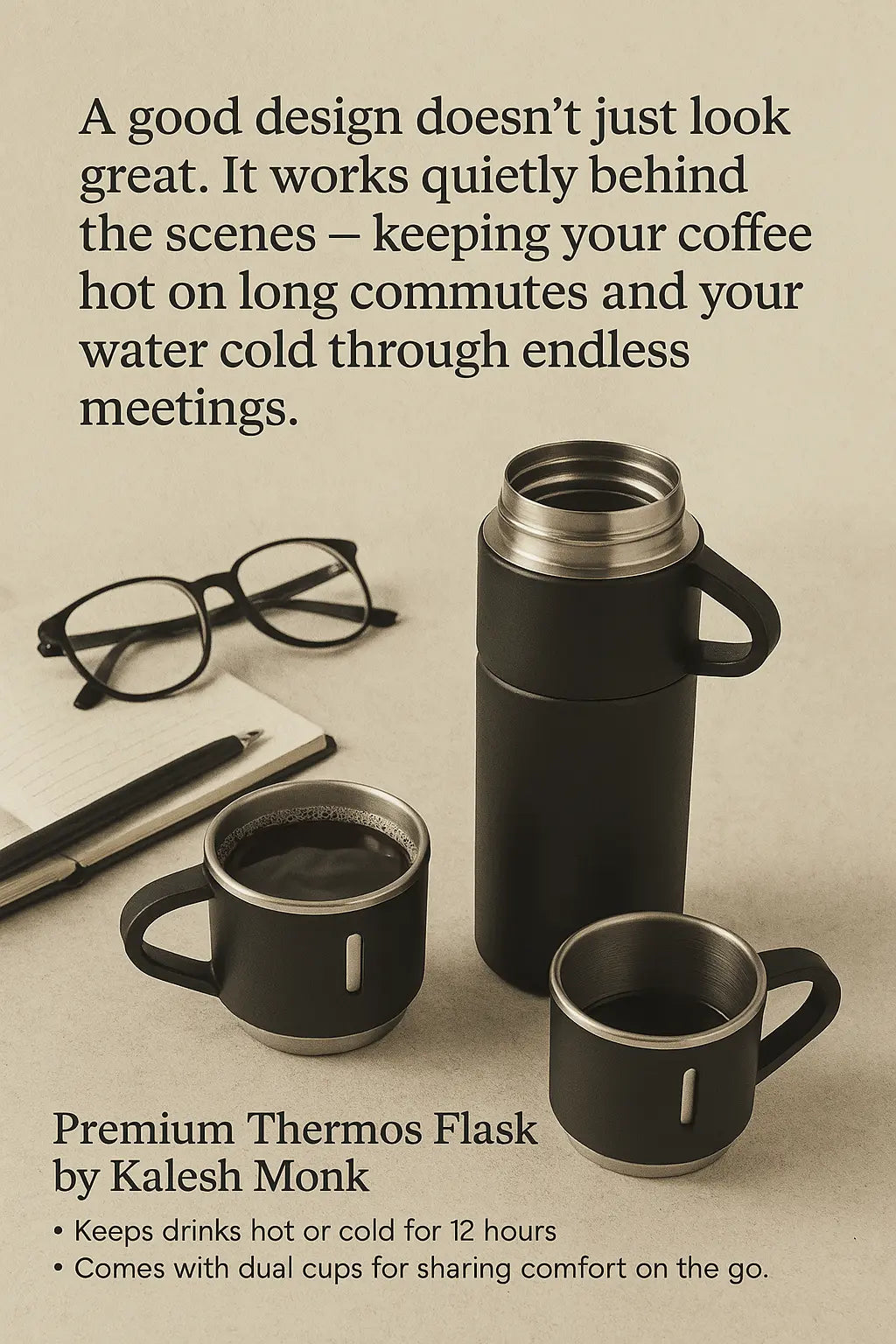 Kalesh Monk 500ml Stainless Steel Thermos Flask – Vacuum Insulated, Double Wall, Leak-Proof Travel Bottle with 2 Cups | Hot & Cold Flask for Office, Gym, School, Home – Bliss Black - Kalesh Monk