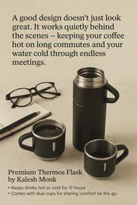 Kalesh Monk 500ml Stainless Steel Thermos Flask – Vacuum Insulated, Double Wall, Leak-Proof Travel Bottle with 2 Cups | Hot & Cold Flask for Office, Gym, School, Home – Bliss Black - Kalesh Monk