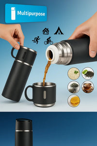 Kalesh Monk 500ml Stainless Steel Thermos Flask – Vacuum Insulated, Double Wall, Leak-Proof Travel Bottle with 2 Cups | Hot & Cold Flask for Office, Gym, School, Home – Bliss Black - Kalesh Monk