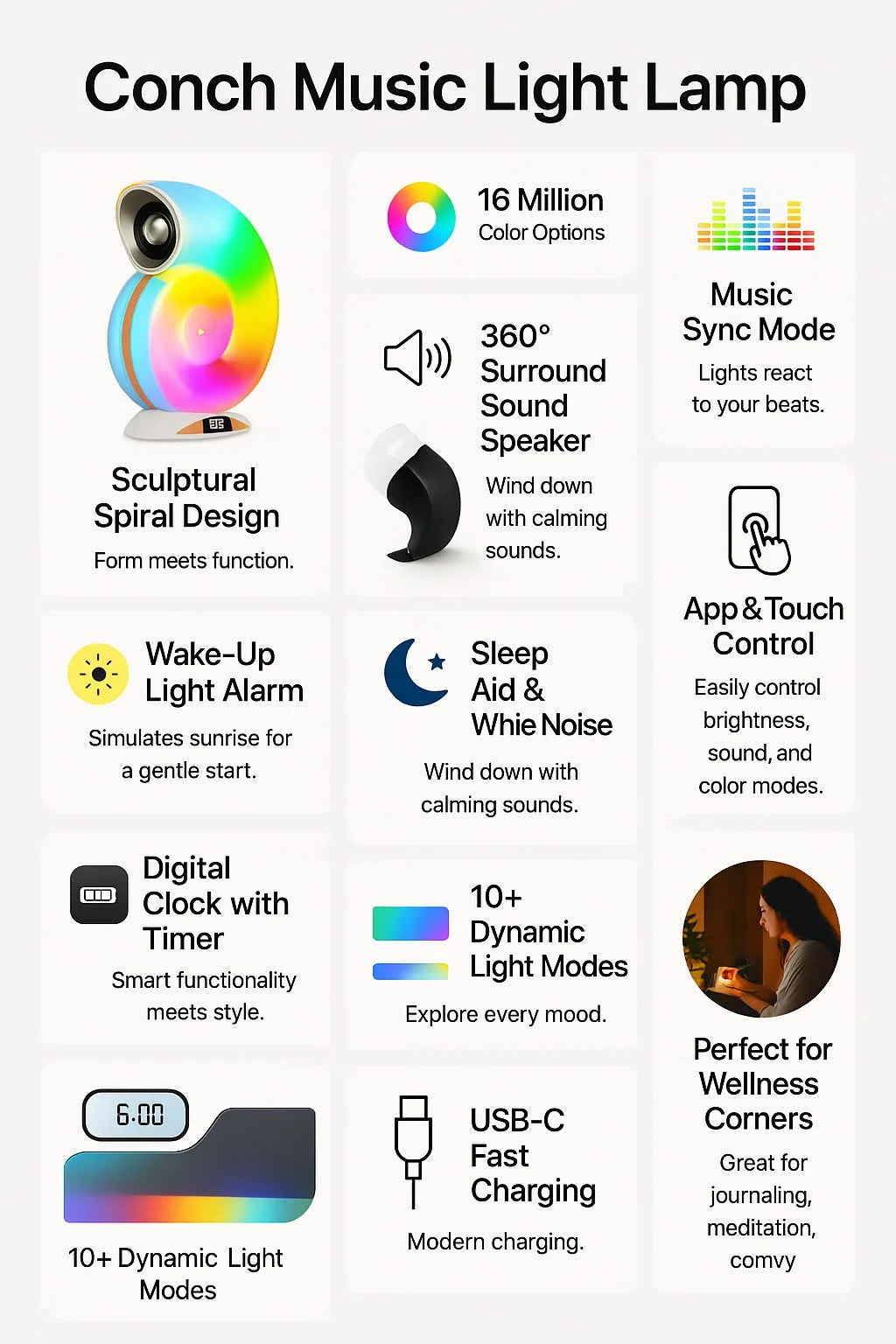 Conch Music Light Lamp, Desktop Smart Speaker Atmosphere Light, Alarm Clock Wake Up Light, Symphony Dynamic Smart Night Light Table Lamp, APP Control Light Adjustment with 2000mAh Battery - Kalesh Monk