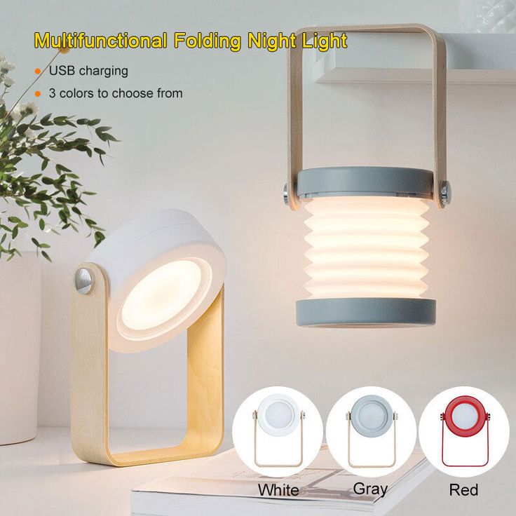 4-in-1 Foldable Table Lamp, USB Rechargeable LED Light, Wooden Handle Portable Lantern Light and Flashlight