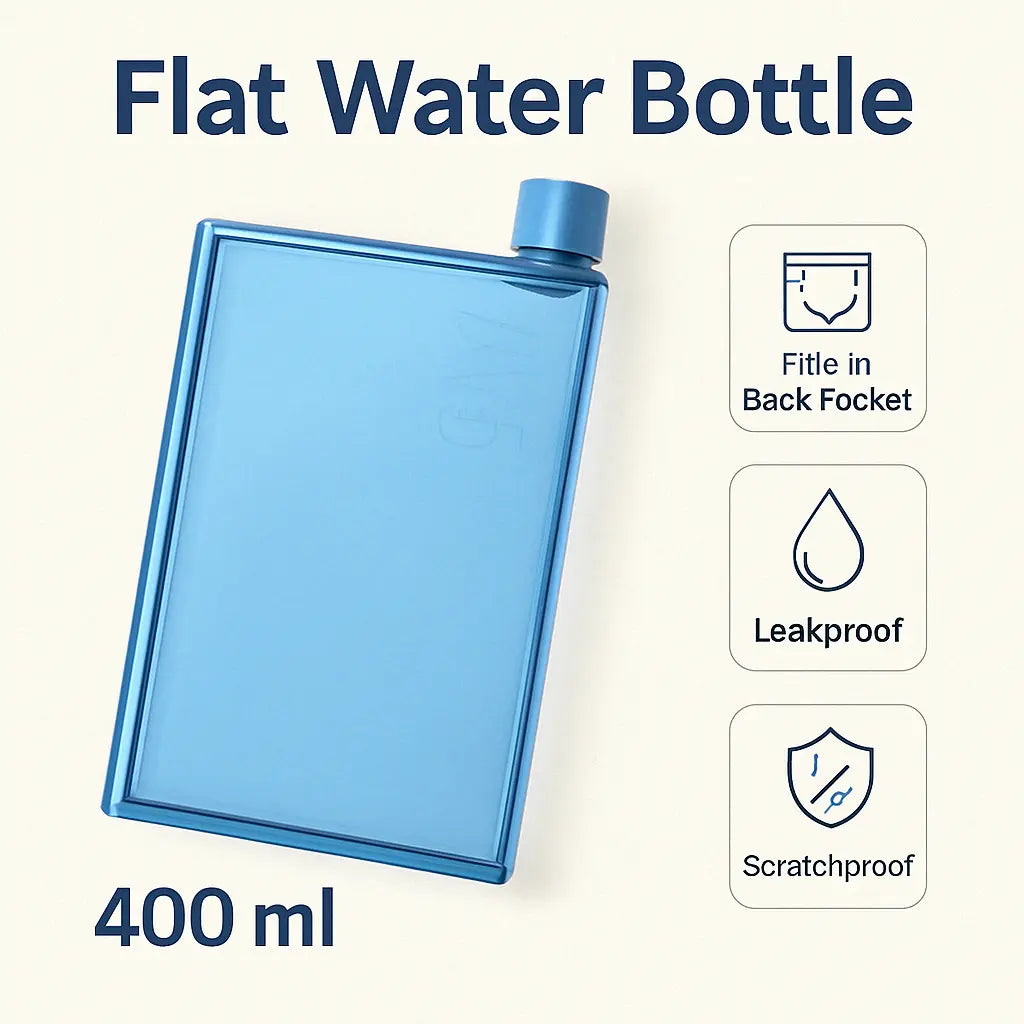 Slim Flat Water Bottle 400ml – Notebook Style, Leakproof & BPA-Free Plastic | Portable, Scratch-Resistant, Pocket-Friendly Travel Bottle for Office, Gym & Daily Use