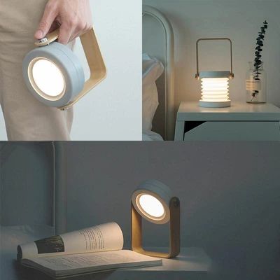 4-in-1 Foldable Table Lamp, USB Rechargeable LED Light, Wooden Handle Portable Lantern Light and Flashlight