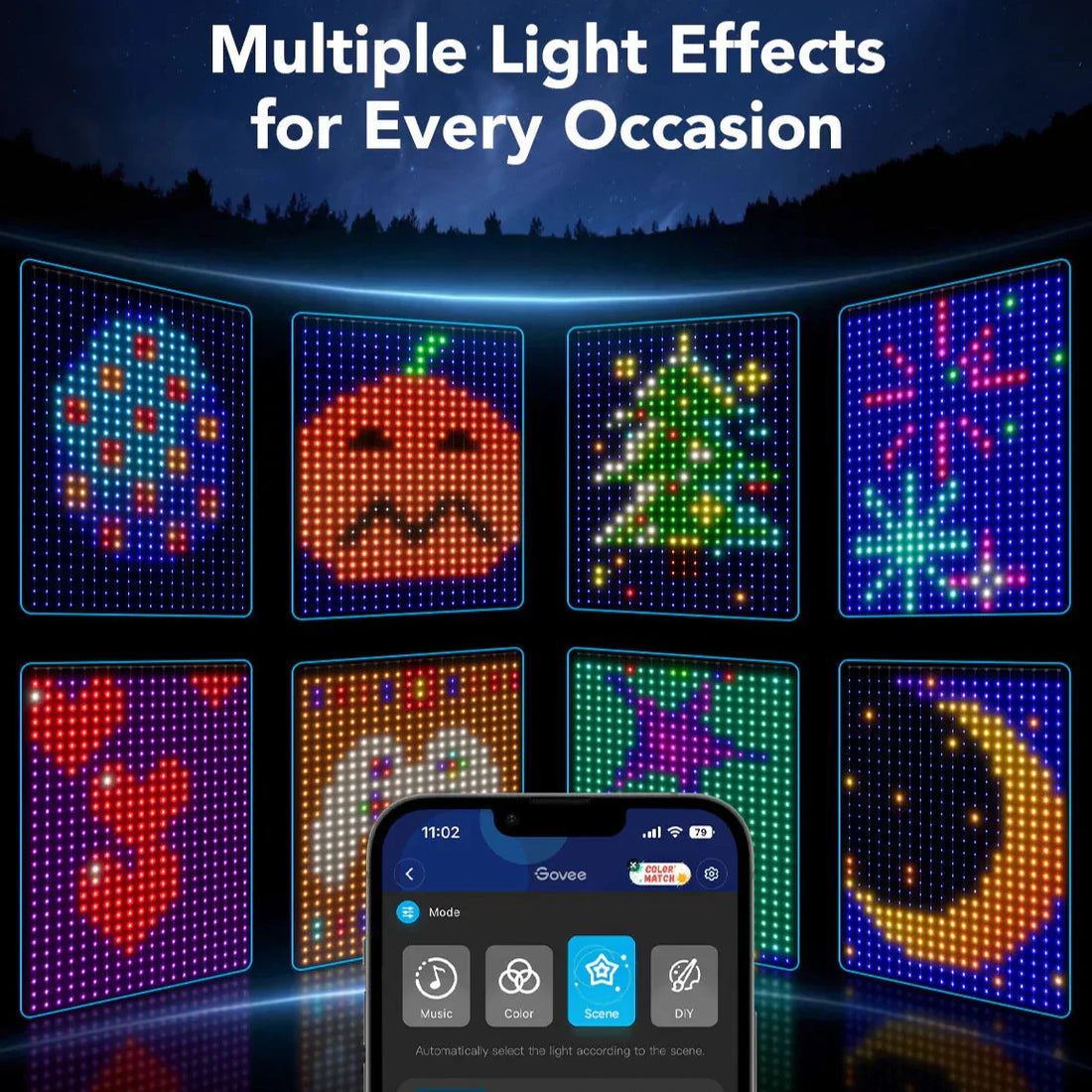 Smart 400 LED Curtain Lights - Bluetooth, Music Sync, Custom Patterns & Text, RGB Colors