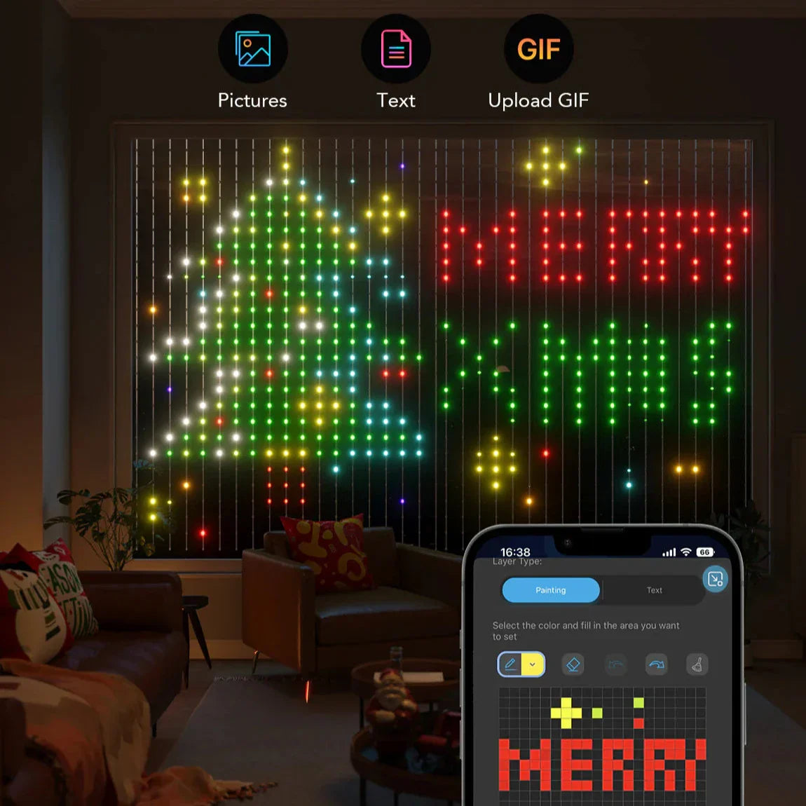 Smart 400 LED Curtain Lights - Bluetooth, Music Sync, Custom Patterns & Text, RGB Colors