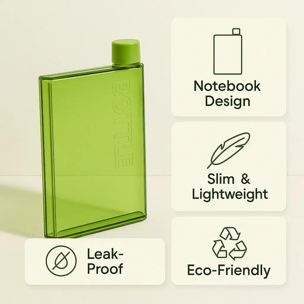 Slim Flat Water Bottle 400ml – Notebook Style, Leakproof & BPA-Free Plastic | Portable, Scratch-Resistant, Pocket-Friendly Travel Bottle for Office, Gym & Daily Use