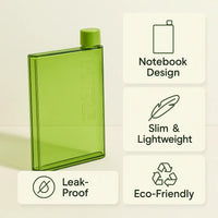 Slim Flat Water Bottle 400ml – Notebook Style, Leakproof & BPA-Free Plastic | Portable, Scratch-Resistant, Pocket-Friendly Travel Bottle for Office, Gym & Daily Use