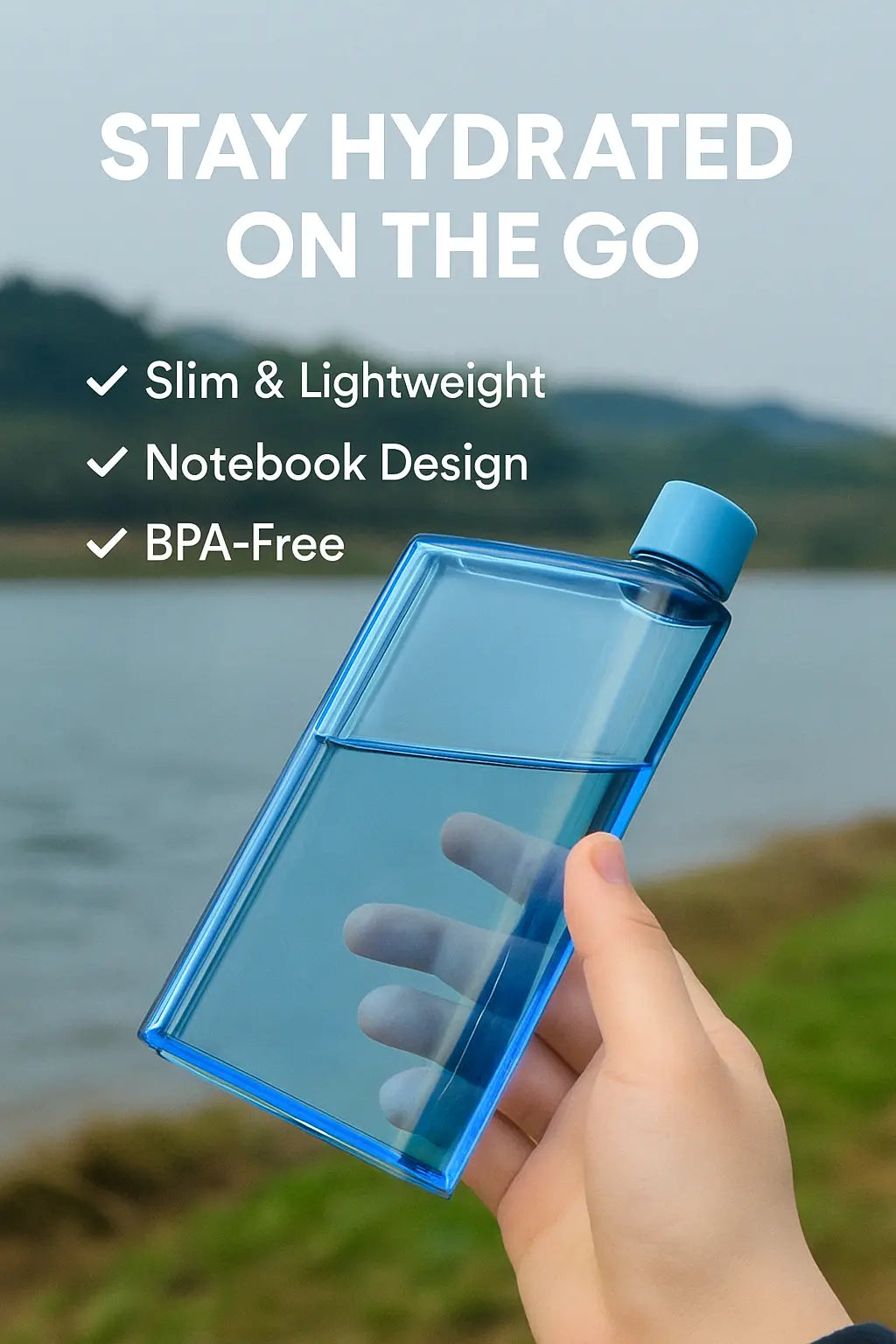 Slim Flat Water Bottle 400ml – Notebook Style, Leakproof & BPA-Free Plastic | Portable, Scratch-Resistant, Pocket-Friendly Travel Bottle for Office, Gym & Daily Use