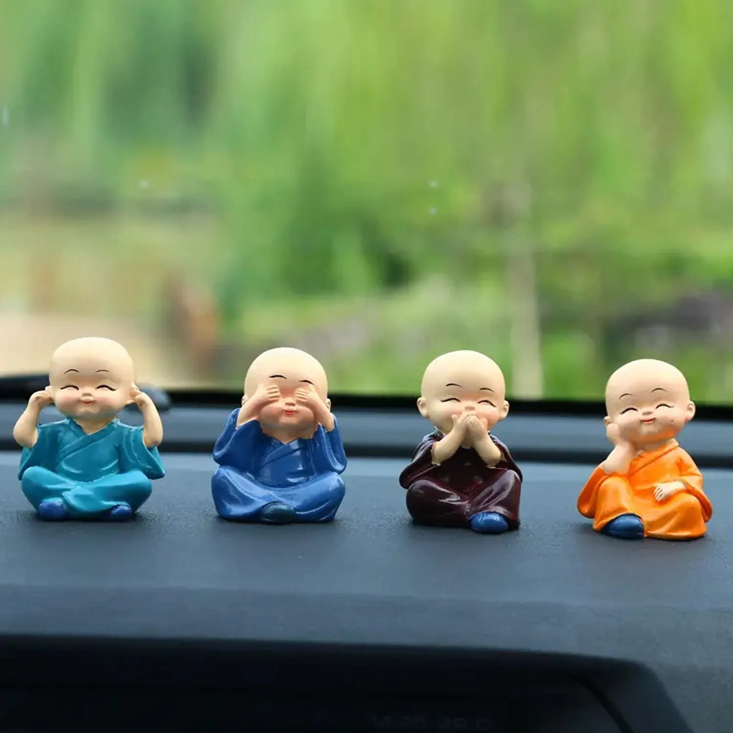 Mini Buddha Monk Statues Set of 4  – Peaceful Decorative Showpieces for Home, Car Dashboard & Gifting