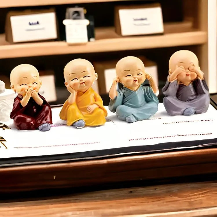 Mini Buddha Monk Statues Set of 4  – Peaceful Decorative Showpieces for Home, Car Dashboard & Gifting