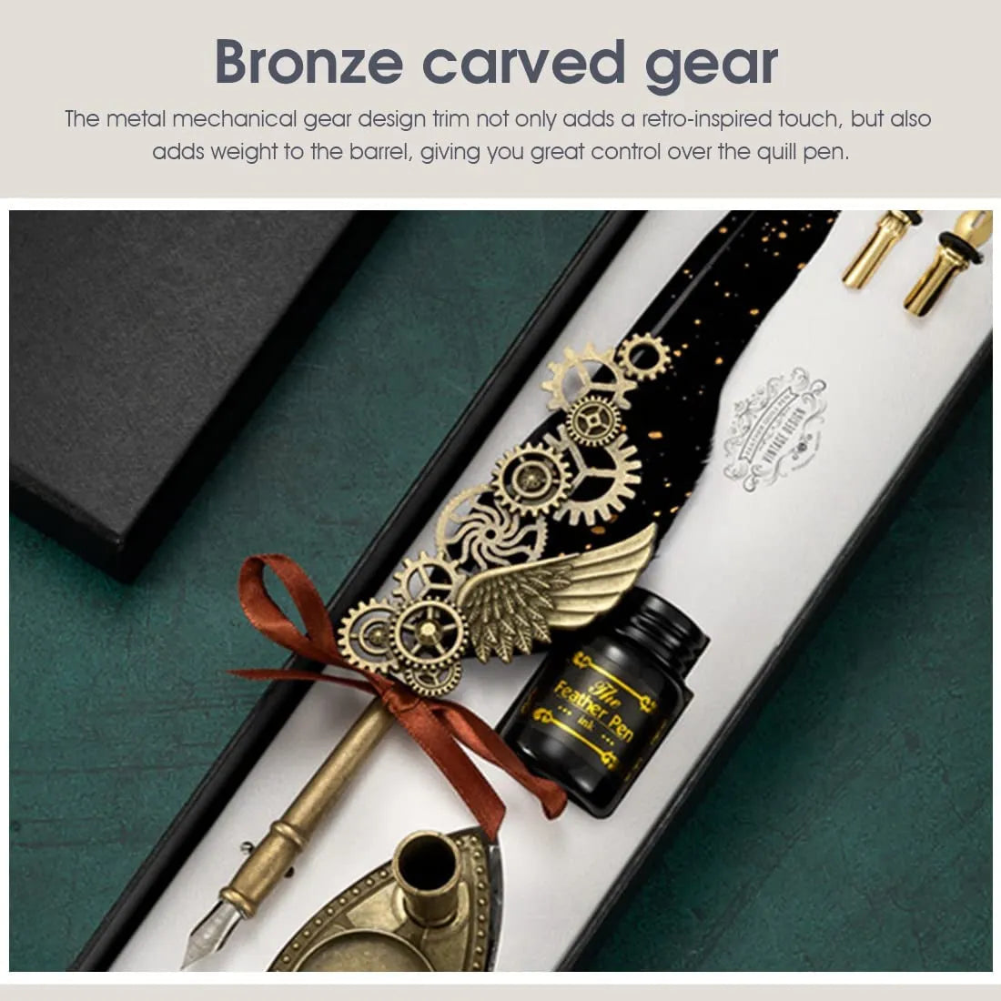 Vintage Calligraphy Carving Pen Set – Feather Dip Ink Writing Kit with 2 Nibs, Ink Bottle & Gift Box – Antique Style Stationery for Writing, Gifting & Decor