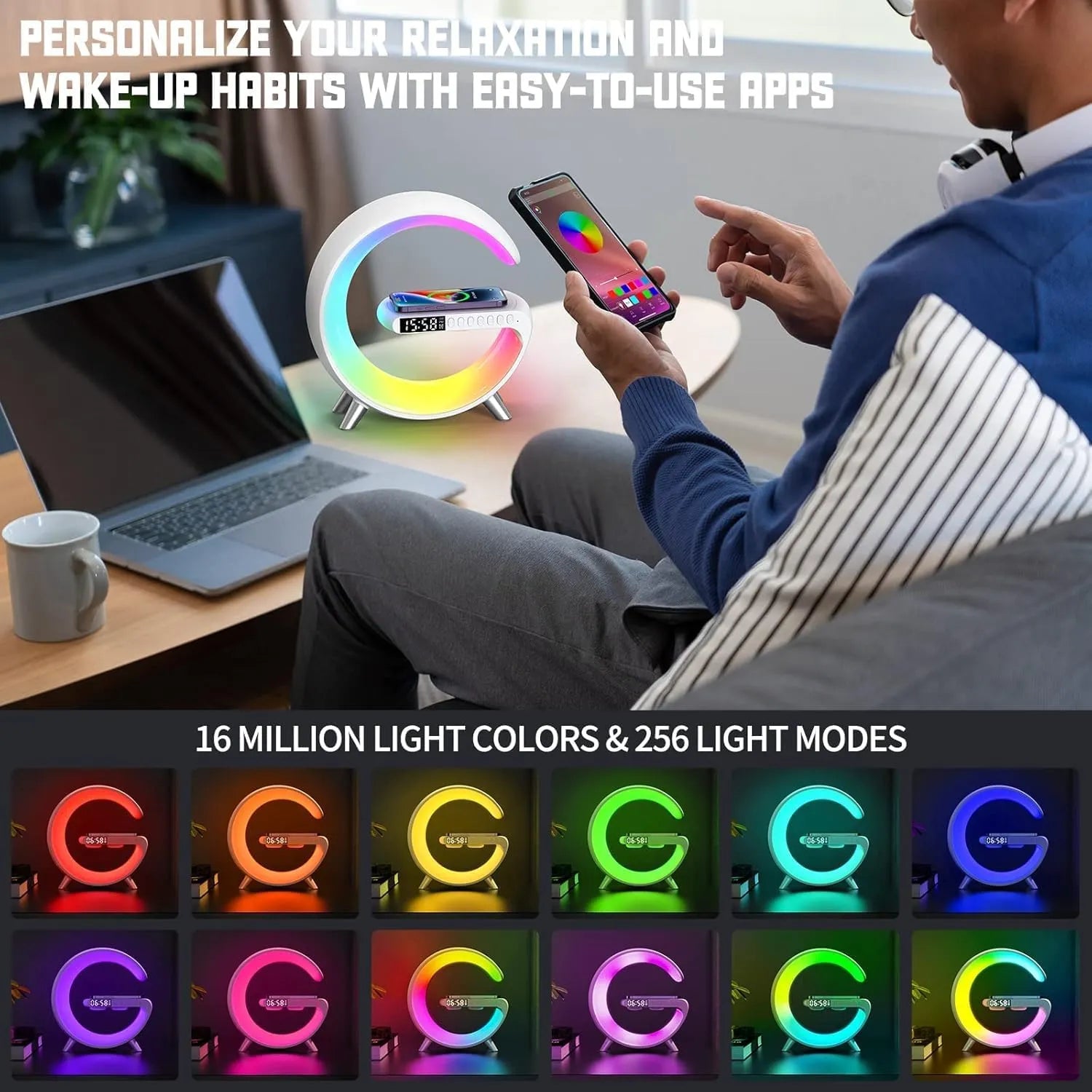 G Speaker Lamp - APP Control 3-in-1 Bluetooth Speaker with Wireless Charging, RGB Light, Sunrise Alarm Clock for Bedroom